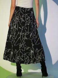 Berrylush Black Abstract Printed A-Line Midi Skirt