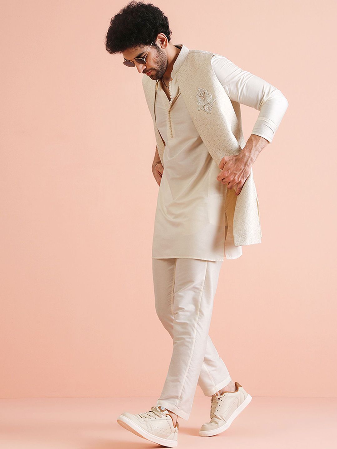 KISAH Men Zari Regular Fit Woven Design Kurta Nehru Jacket Trouser Set