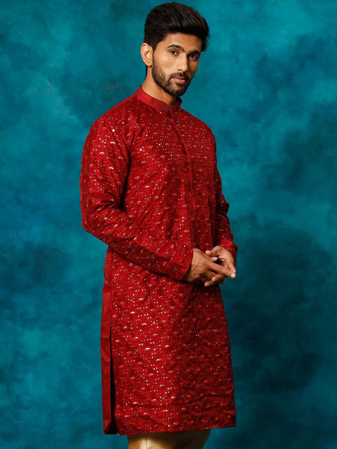 VASTRAMAY Embellished Mirror Work Mandarin Collar Straight Kurta