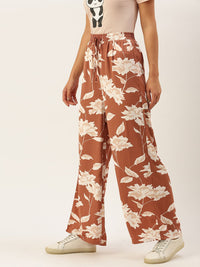 Berrylush Women Brown Floral Printed Relaxed High-Rise Trousers