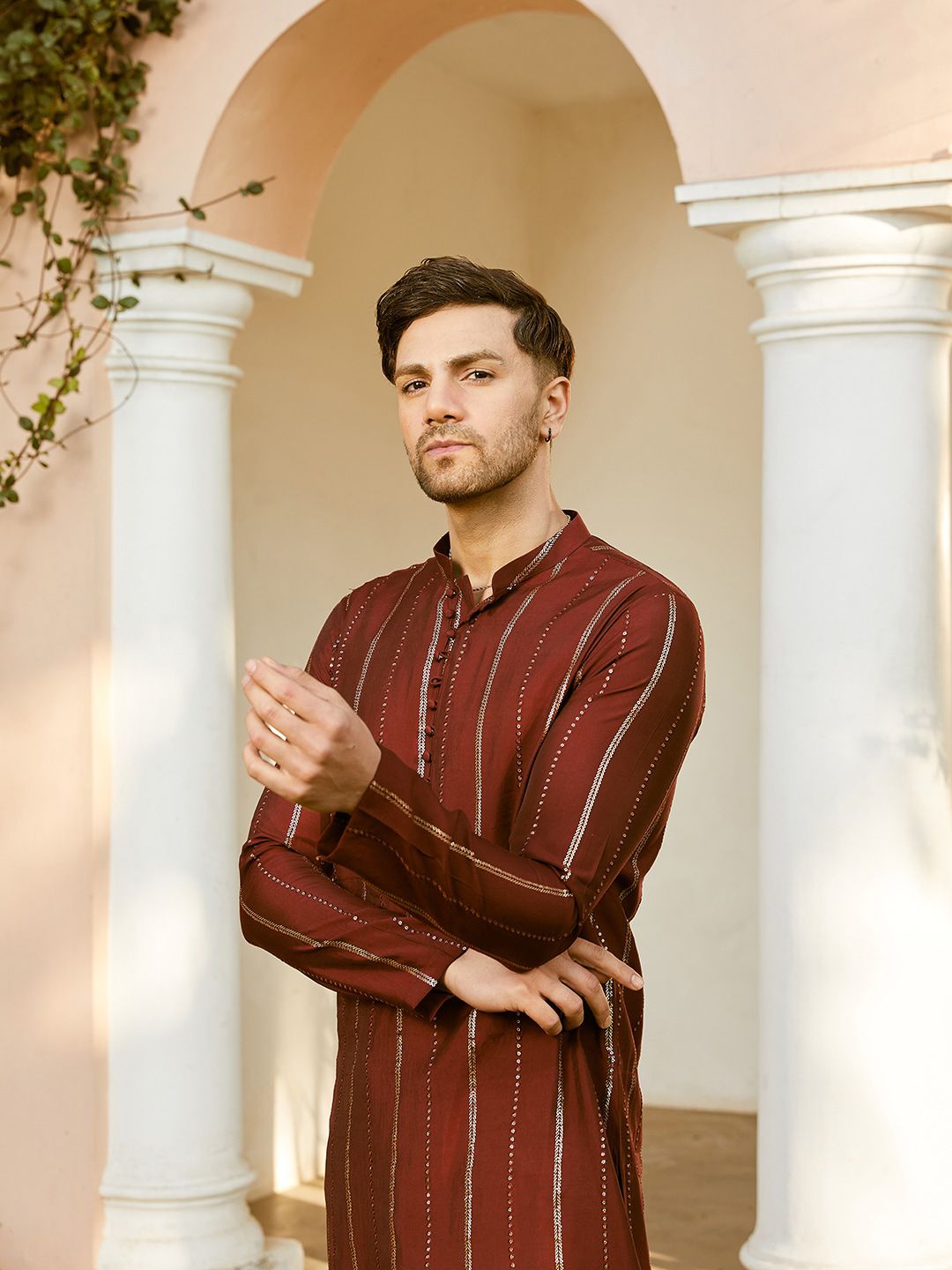 See Designs Mandarin Collar Long Sleeves Sequined Straight Kurta with Pyjama