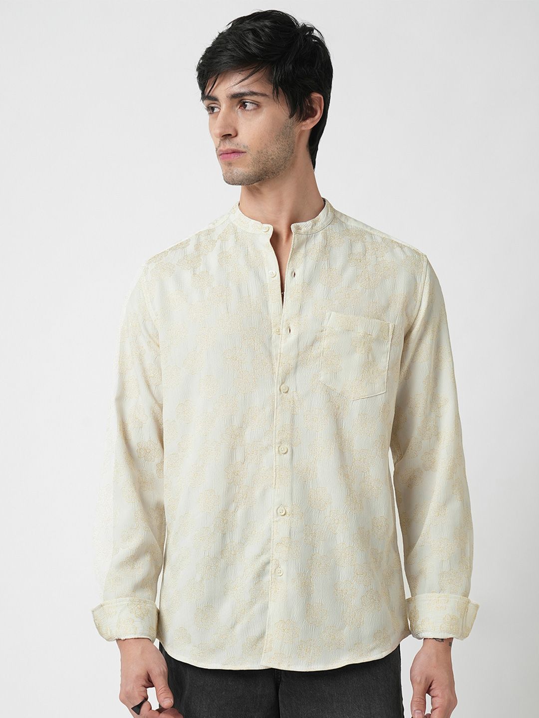 VASTRADO Men Classic Band Collar Floral Printed Slim Fit Casual Shirt