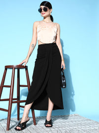 Berrylush Women Black Solid High Waist Draped Tulip Skirt