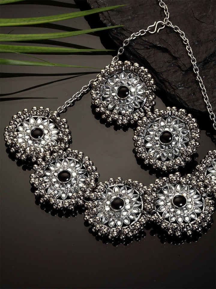 KARATCART Oxidised Silver-Toned & White Kundan-Studded Afghani Tribal Handcrafted Jewellery Set
