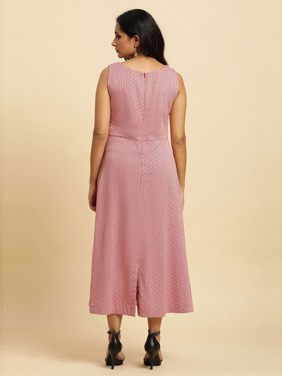 W Pink Round Neck Striped Cotton A-Line Midi Dress