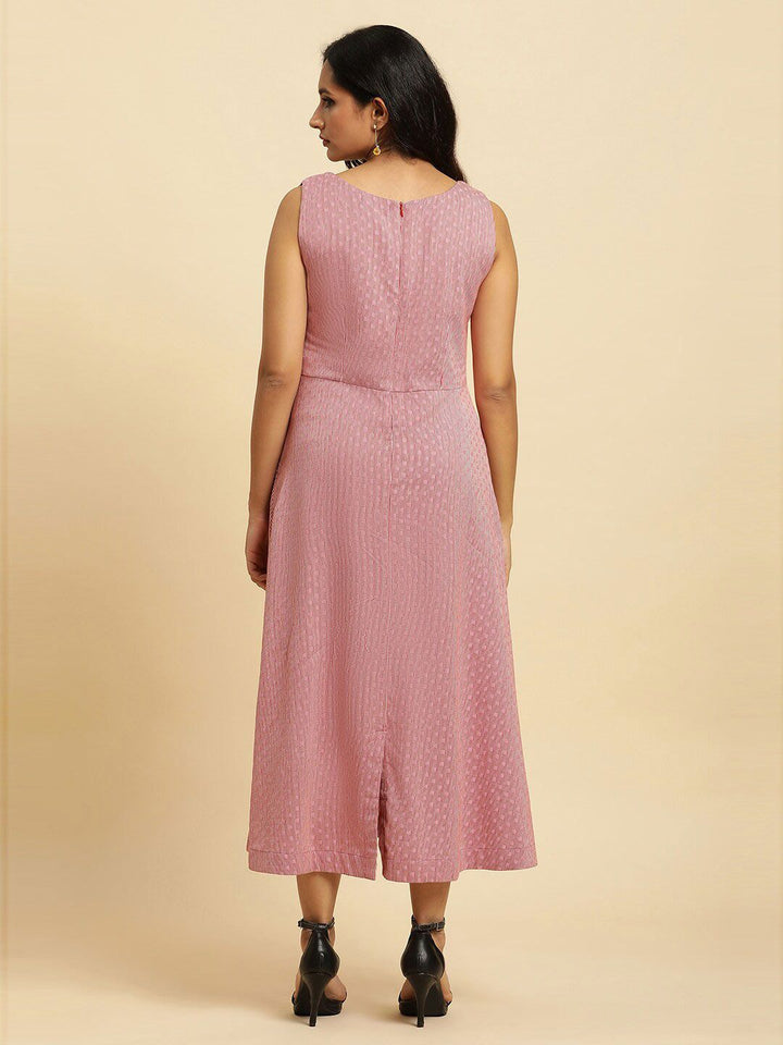 W Pink Round Neck Striped Cotton A-Line Midi Dress