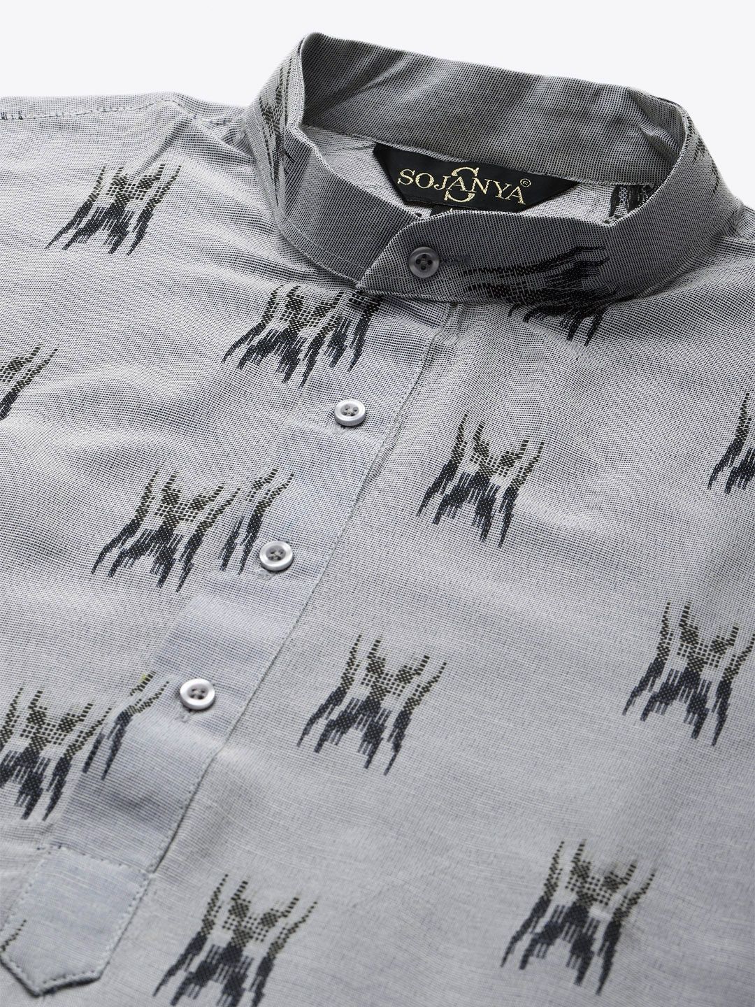 Sojanya Lelaki Grey & Black Ikat Woven Design Pure Cotton Kurta