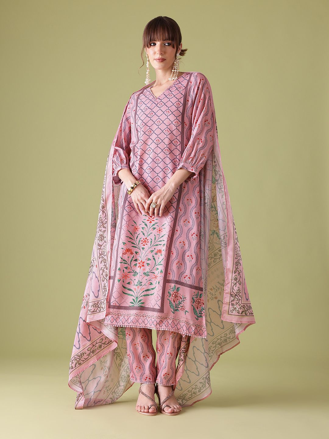 Anouk Women Floral Printed Regular Kurta with Trousers & With Dupatta with Lace Detail