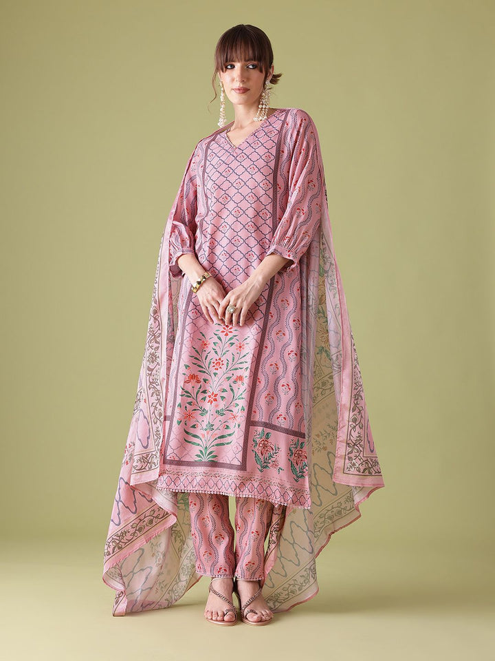 Anouk Women Floral Printed Regular Kurta with Trousers & With Dupatta with Lace Detail