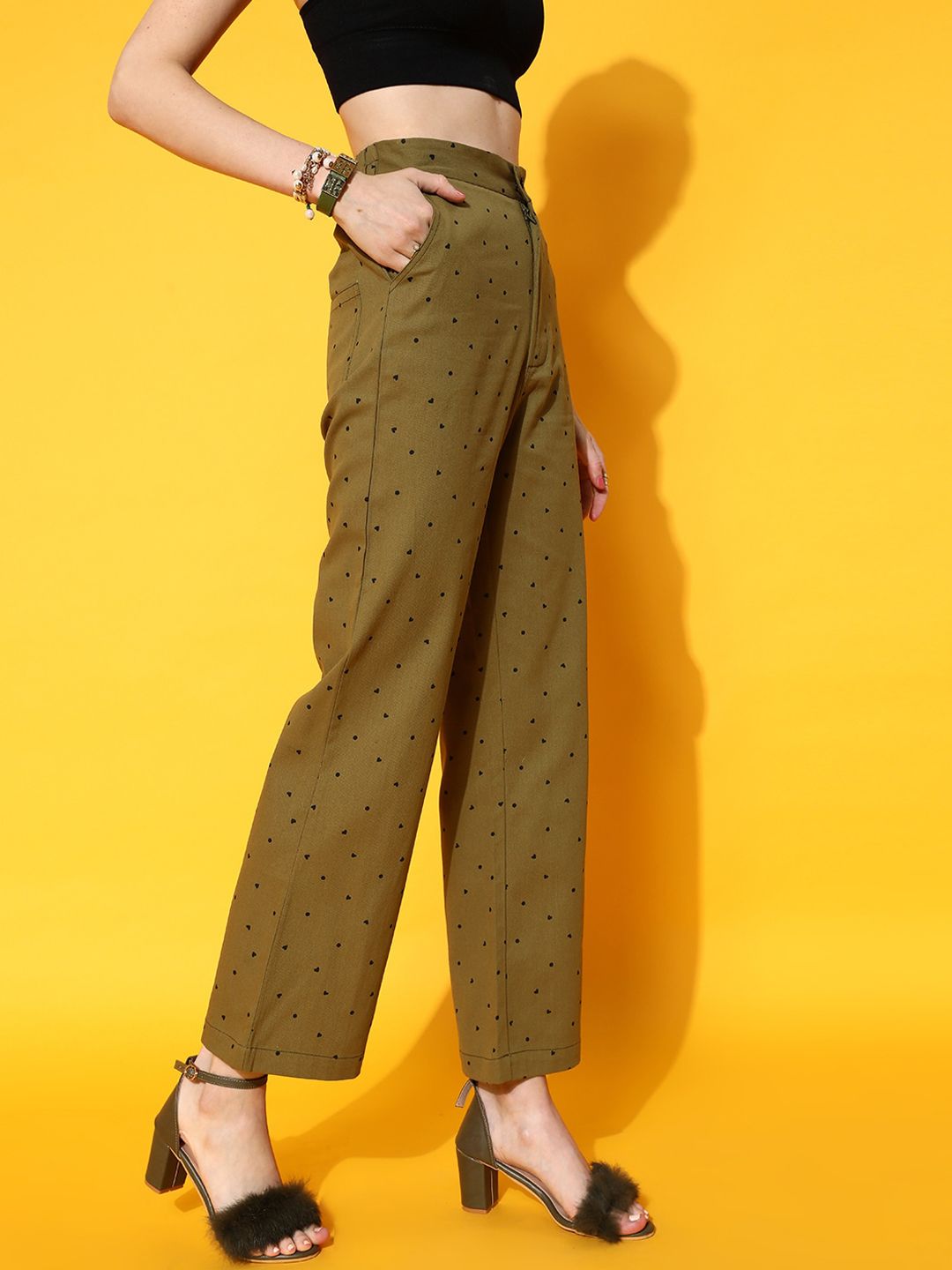 STREET 9 Women Olive Green Smart Flared High-Rise Trousers