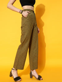 STREET 9 Women Olive Green Smart Flared High-Rise Trousers