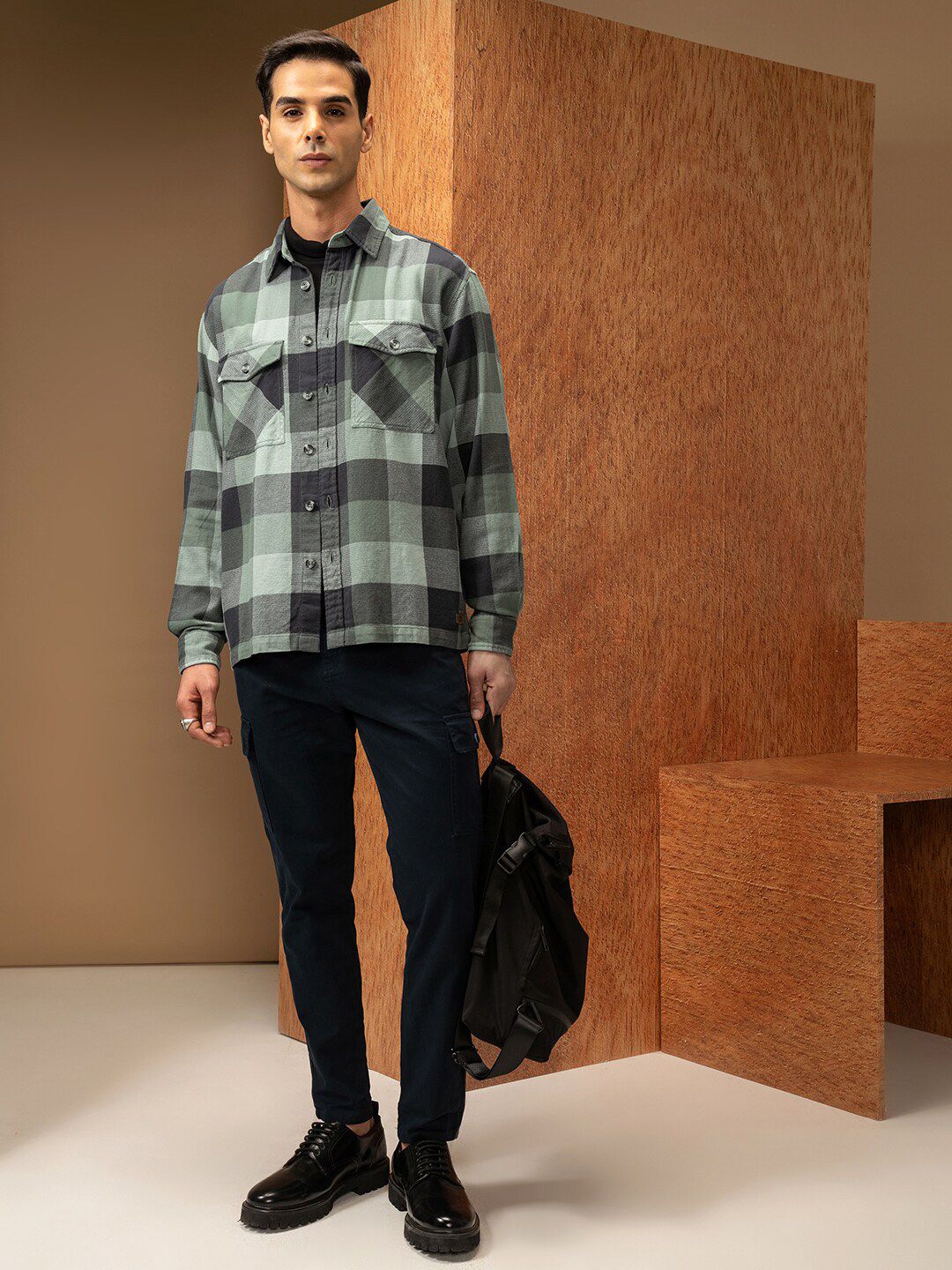 Locomotive Premium Men Green Oversized Dobby Textured Checked Utility Pocket Overshirt