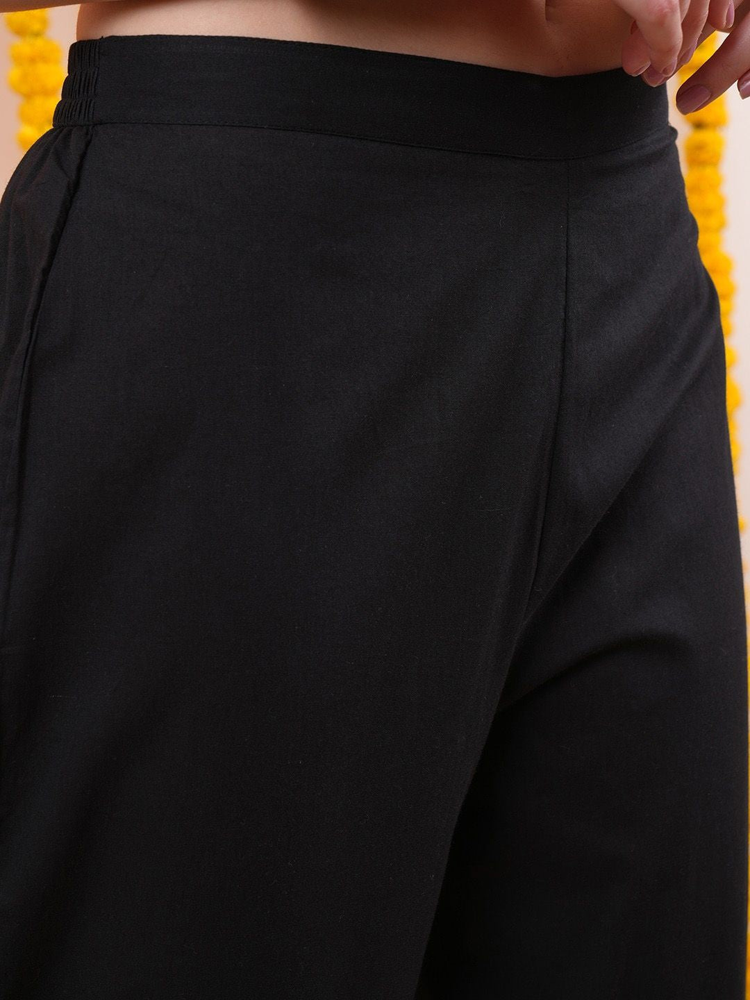 Vishudh Black Floral Embroidered Pure Cotton Straight Kurta with Trousers