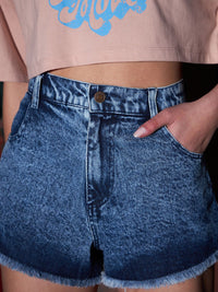SASSAFRAS Women Washed Mid-Rise Denim Shorts