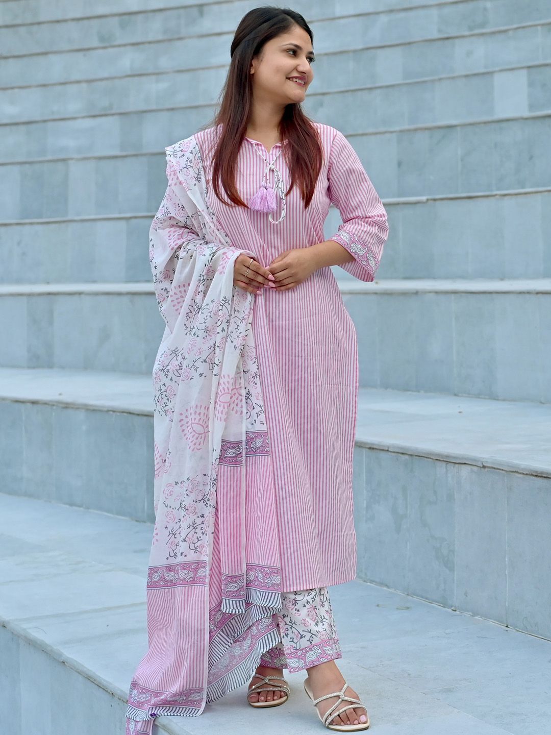 Libas Women Striped Regular Pure Cotton Kurta with Trousers & With Dupatta