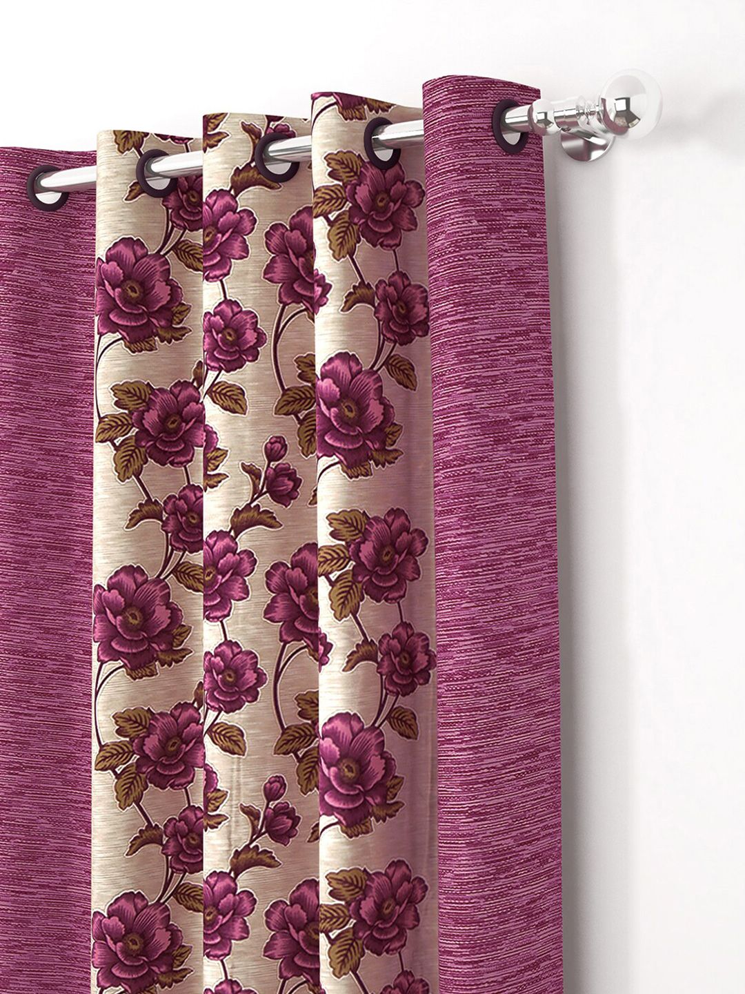 Story@home 2 Pieces Purple & Beige Floral Window Curtains