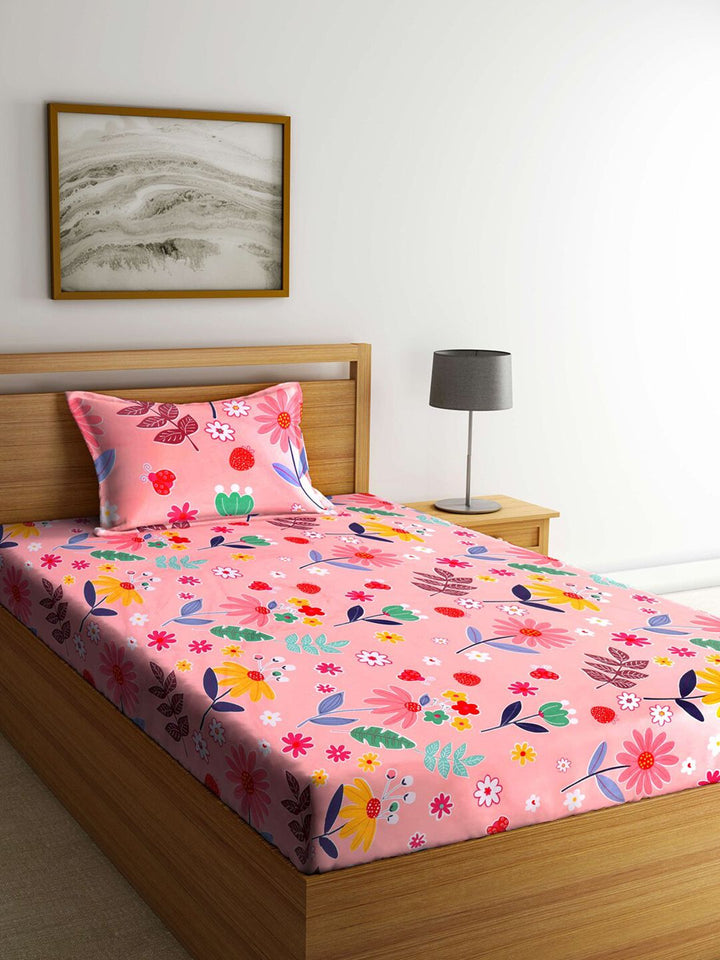 KLOTTHE White & Red Floral 300 TC 2 Single Bedsheet with 2 Pillow Covers