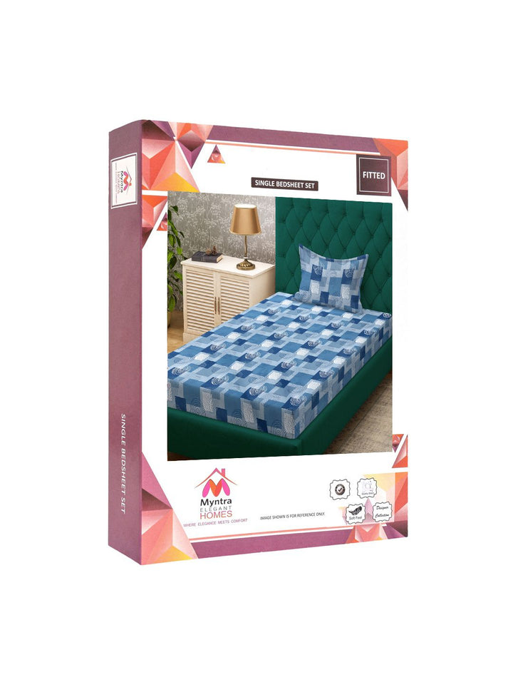 Homes Blue & Navy Blue Geometric 400 TC Single Bedsheet with 1 Pillow Covers