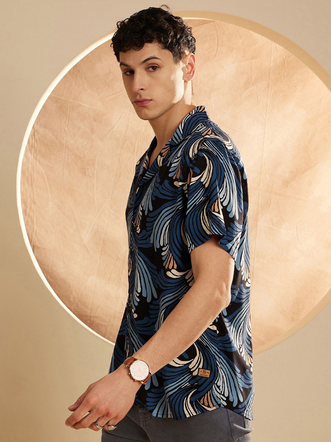 DENNISON Smart Floral Printed Cuban Collar Oversized Casual Shirt
