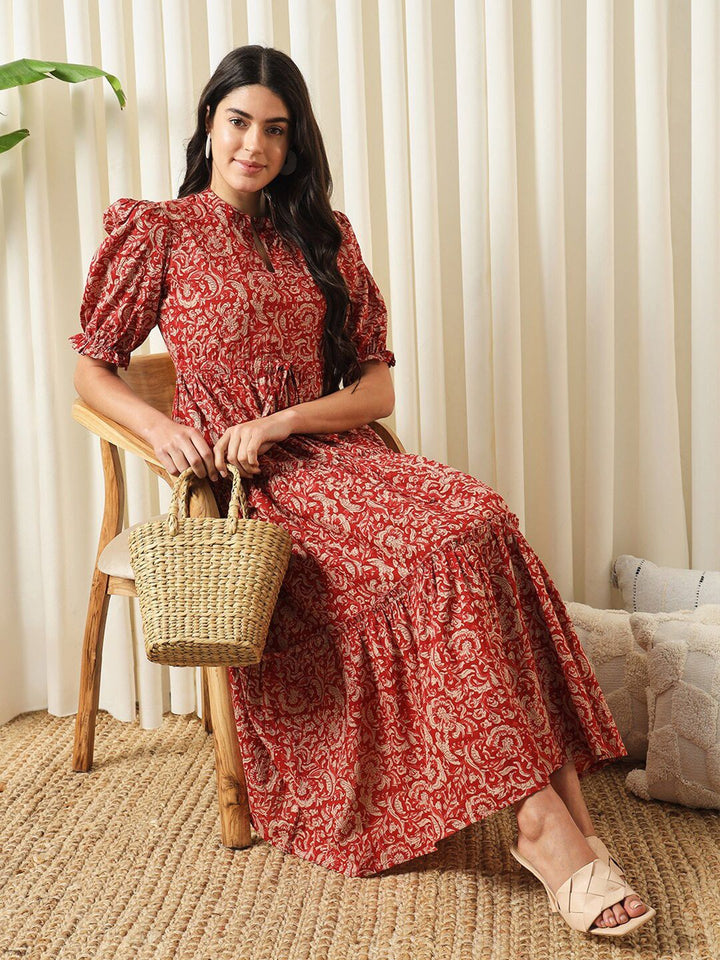 Kalini Floral Printed Mandarin Collar Puff lengan baju dan pakaian suar