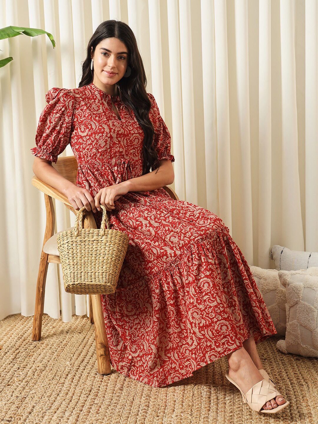 Kalini Floral Printed Mandarin Collar Puff lengan baju dan pakaian suar