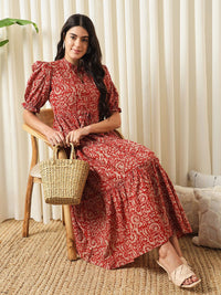 Kalini Floral Printed Mandarin Collar Puff lengan baju dan pakaian suar