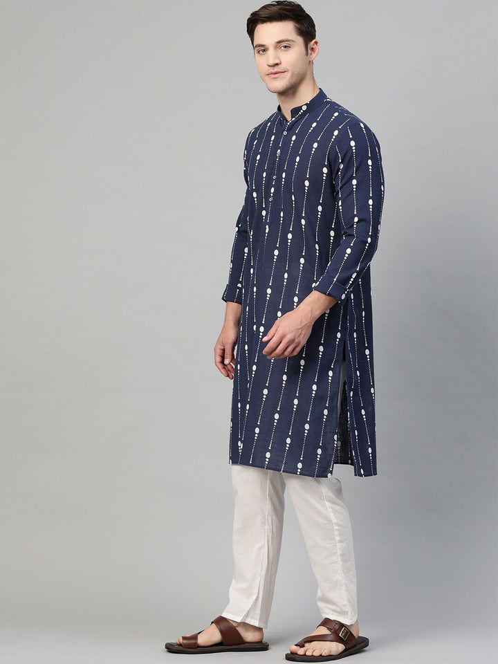 See Designs Men Navy Blue & White Printed Kurta with Pyjamas