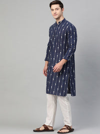 See Designs Men Navy Blue & White Printed Kurta with Pyjamas