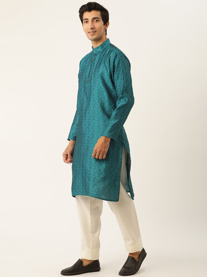 SOJANYA Men Teal Floral Kurta with Churidar & Nehru Jacket