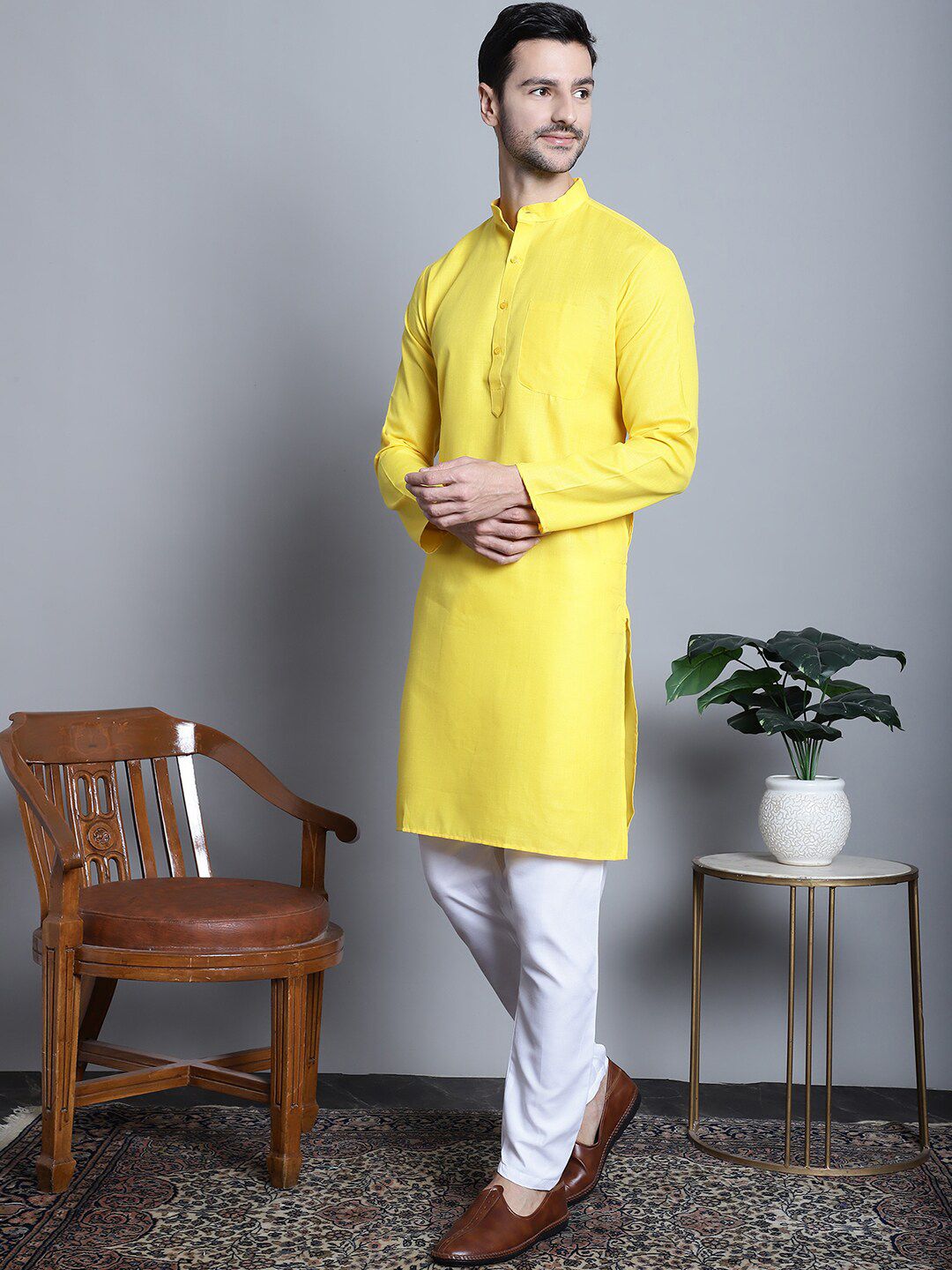 Jompers Band Collar Regular Pure Cotton Kurta with Churidar