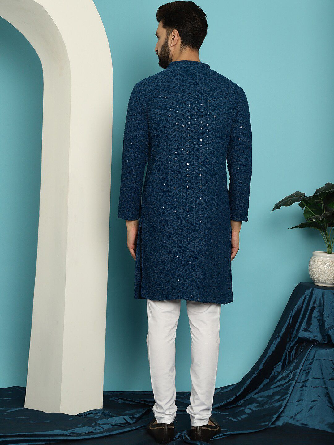 SOJANYA Ethnic Motifs Embroidered Regular Sequined Pure Cotton Kurta With Churidar