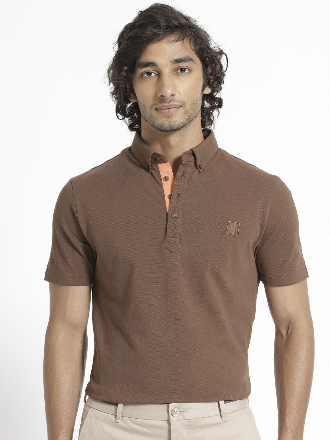 RARE RABBIT Men Herval Button Down Collar Slim Fit Cotton T-Shirt