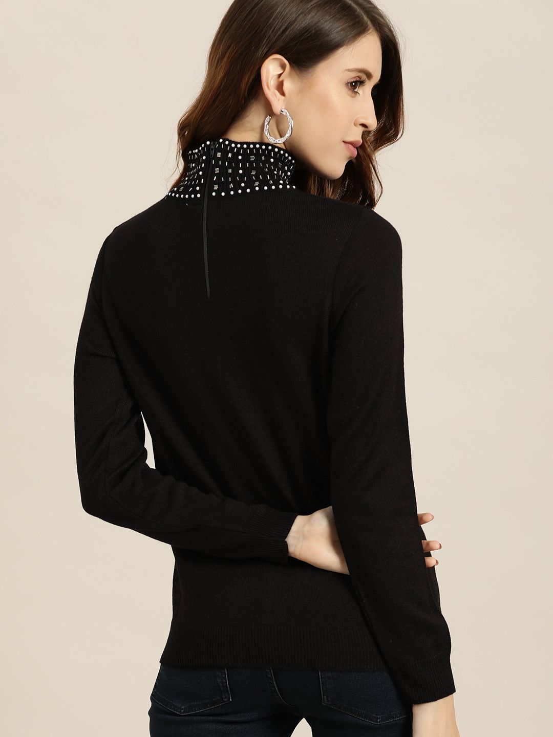 all about you Women Black Solid Turtle Embellished Neck Pullover