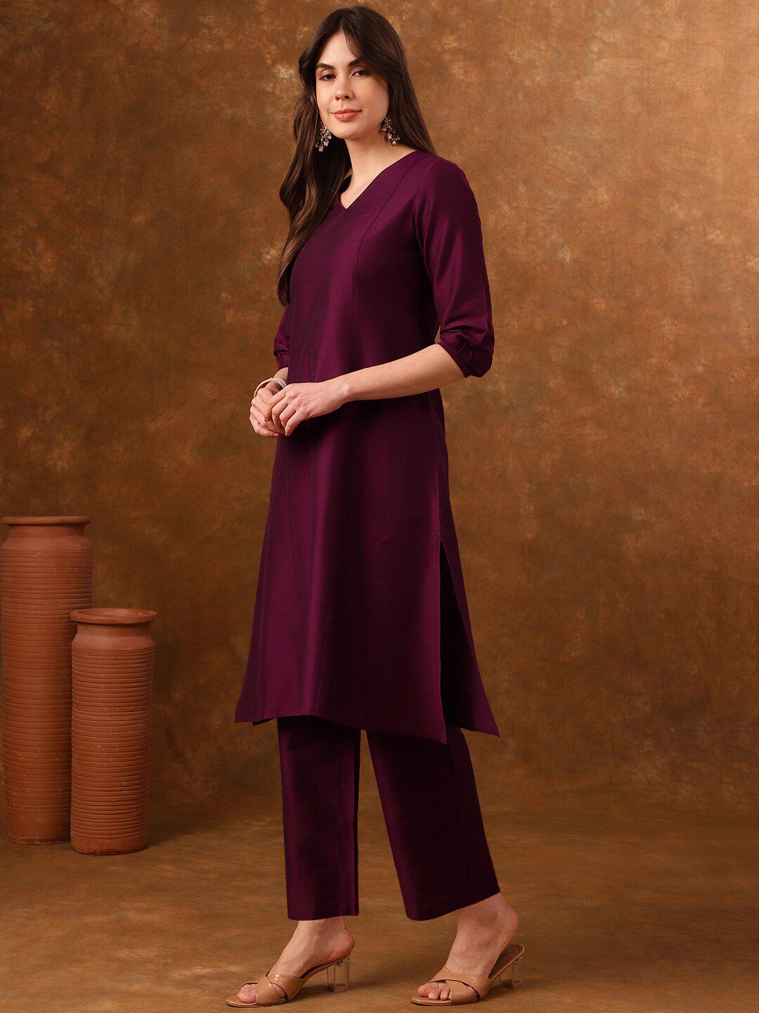 Anouk V-Neck Three-Quarter Sleeves Panelled Kurta with Palazzos
