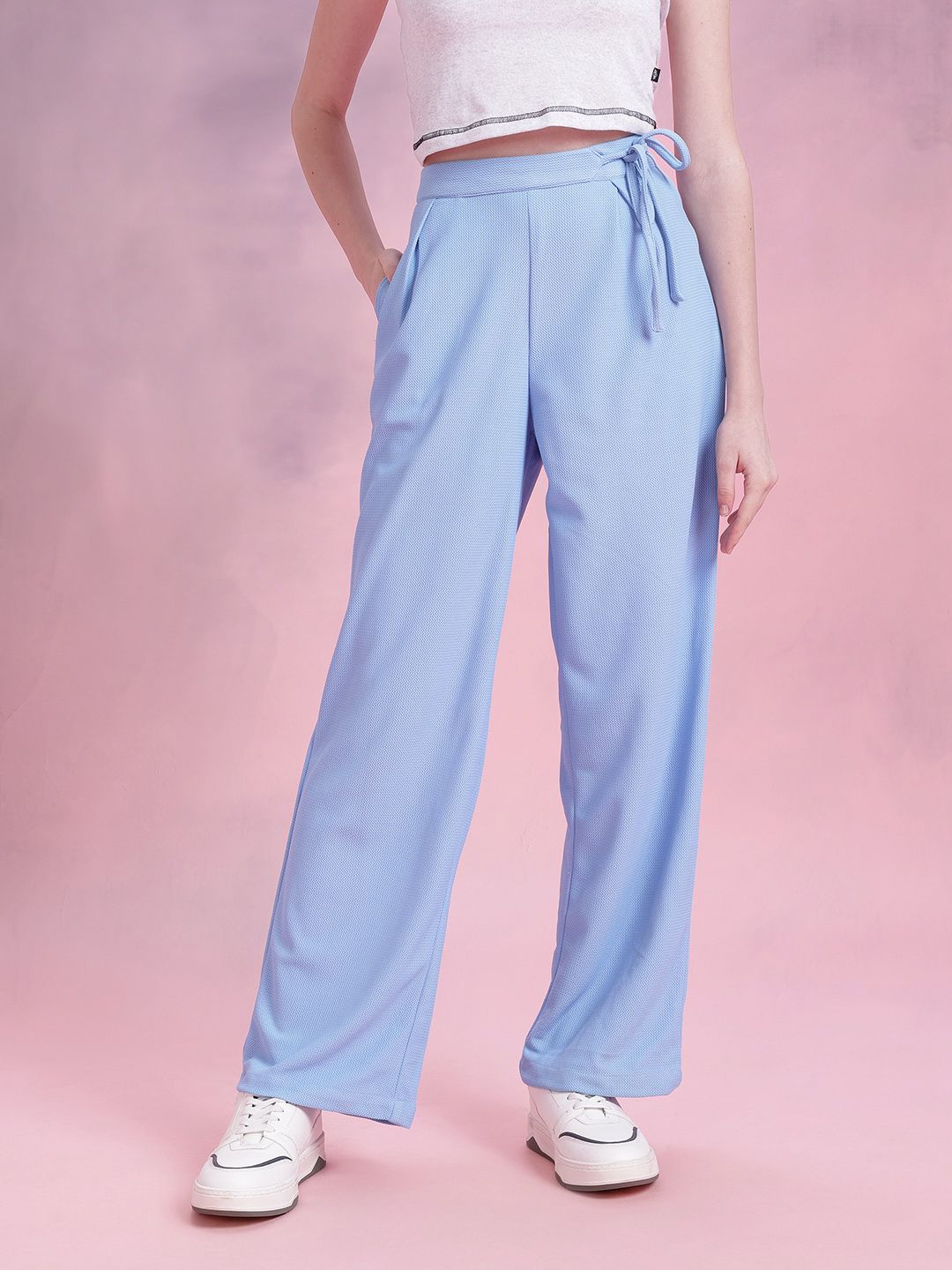 DressBerry Women Regular Fit Textured Tie-Up Waist Trousers