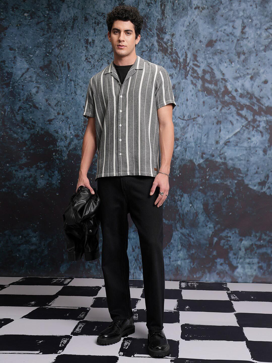 LOCOMOTIVE Premium Mock Lino Dobby Textured Striper Camp Collar Shirt