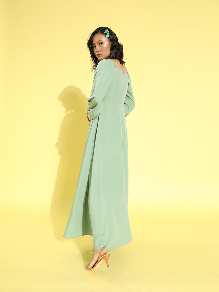 Berrylush Sage Green Solid Puff Sleeves Dress
