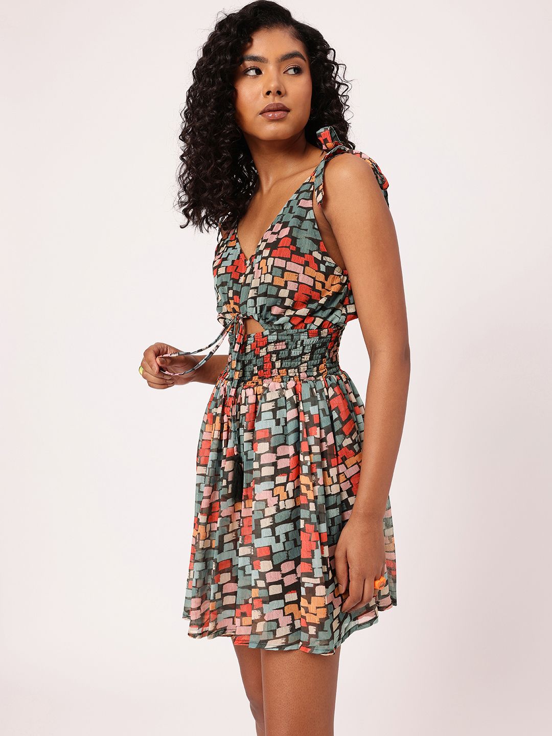 Coachella Hippie Cinched Waist Smocked Cut-Outs A-Line Mini Dress