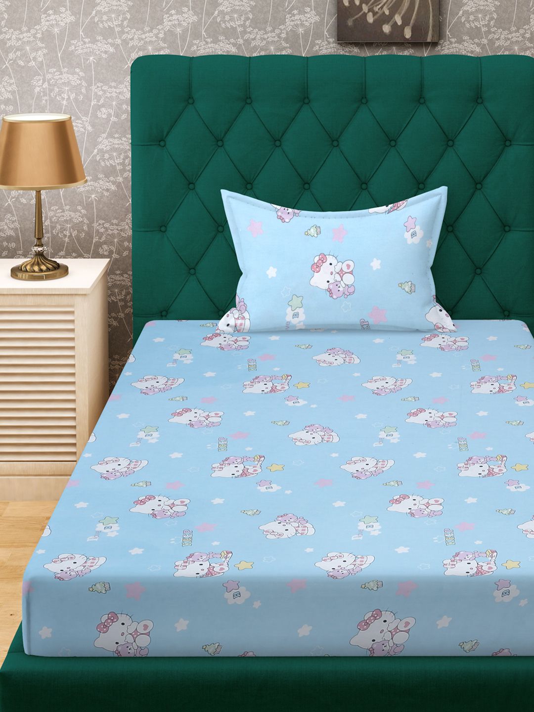 KLOTTHE Watak Kartun Biru Kapas 400 TC Dilengkapi Cadar Single Superfine dengan Sarung Bantal-89 x 59 inci