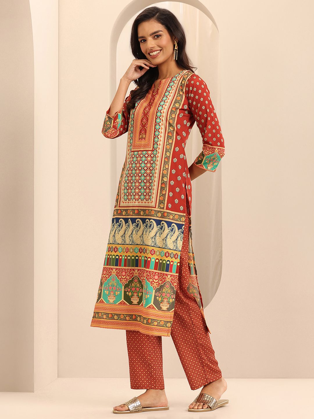 Libas Ethnic Motifs Printed Notched Neck Straight Kurta With Palazzos
