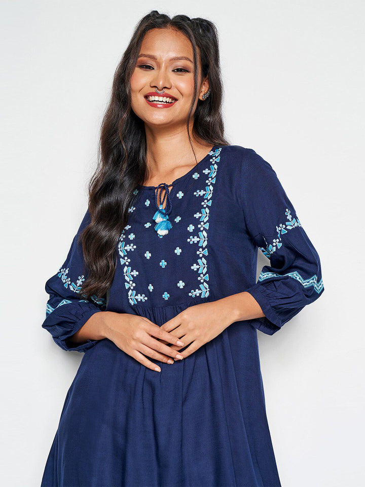 Global Desi Floral Embroidered Tie-Up Neck Tunic