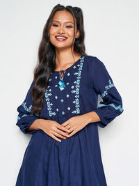 Global Desi Floral Embroidered Tie-Up Neck Tunic