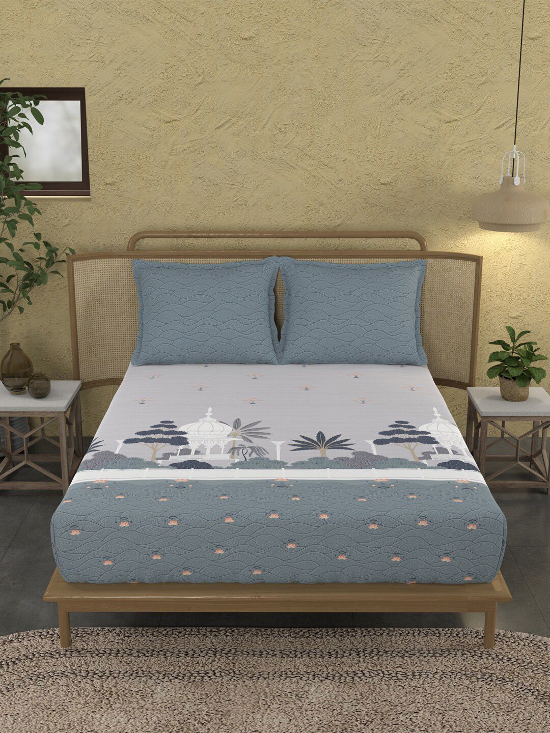 MYTRIDENT Pichwai Blue Sanskriti Flat 144TC King Cotton 1 Bedsheet with 2 Pillow Covers