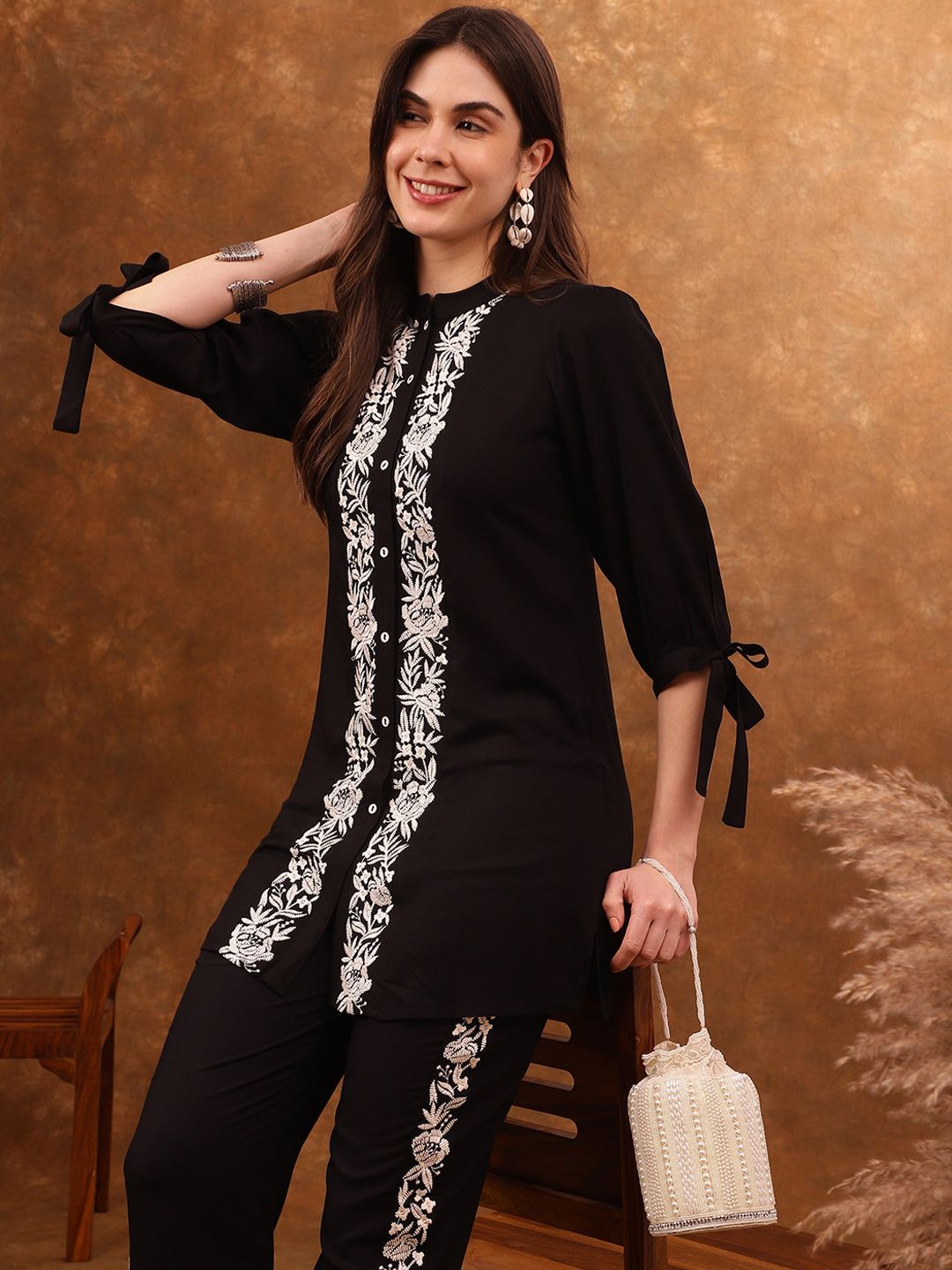 Anouk Black Silk Blend Embroidered Tunic with Trousers