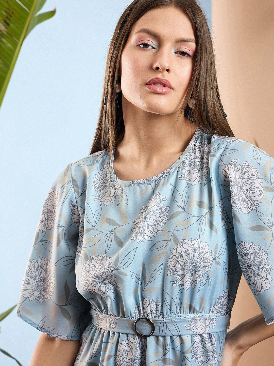 SASSAFRAS Floral Print Flared Sleeves Belted Fit & Flare Dress