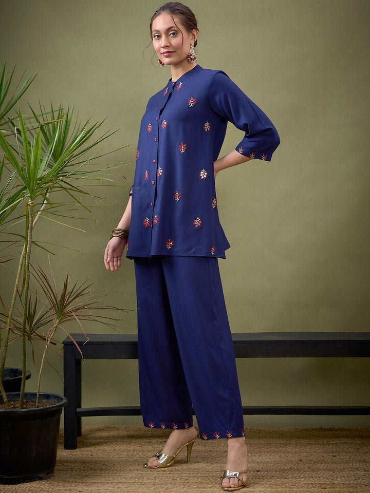 Shae by SASSAFRAS Blue Embroidered Shirt With Palazzos Co-Ords