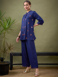 Shae by SASSAFRAS Blue Embroidered Shirt With Palazzos Co-Ords