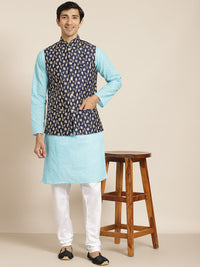 SOJANYA Kurta Kapas Tulen Chikankari Biru Lelaki dengan Jaket Churidar & Nehru