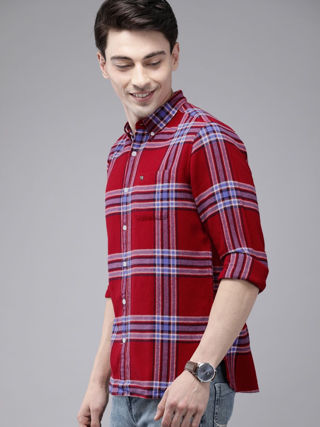 THE BEAR HOUSE Men Red Slim Fit Windowpane Checks Opaque Checked Casual Shirt