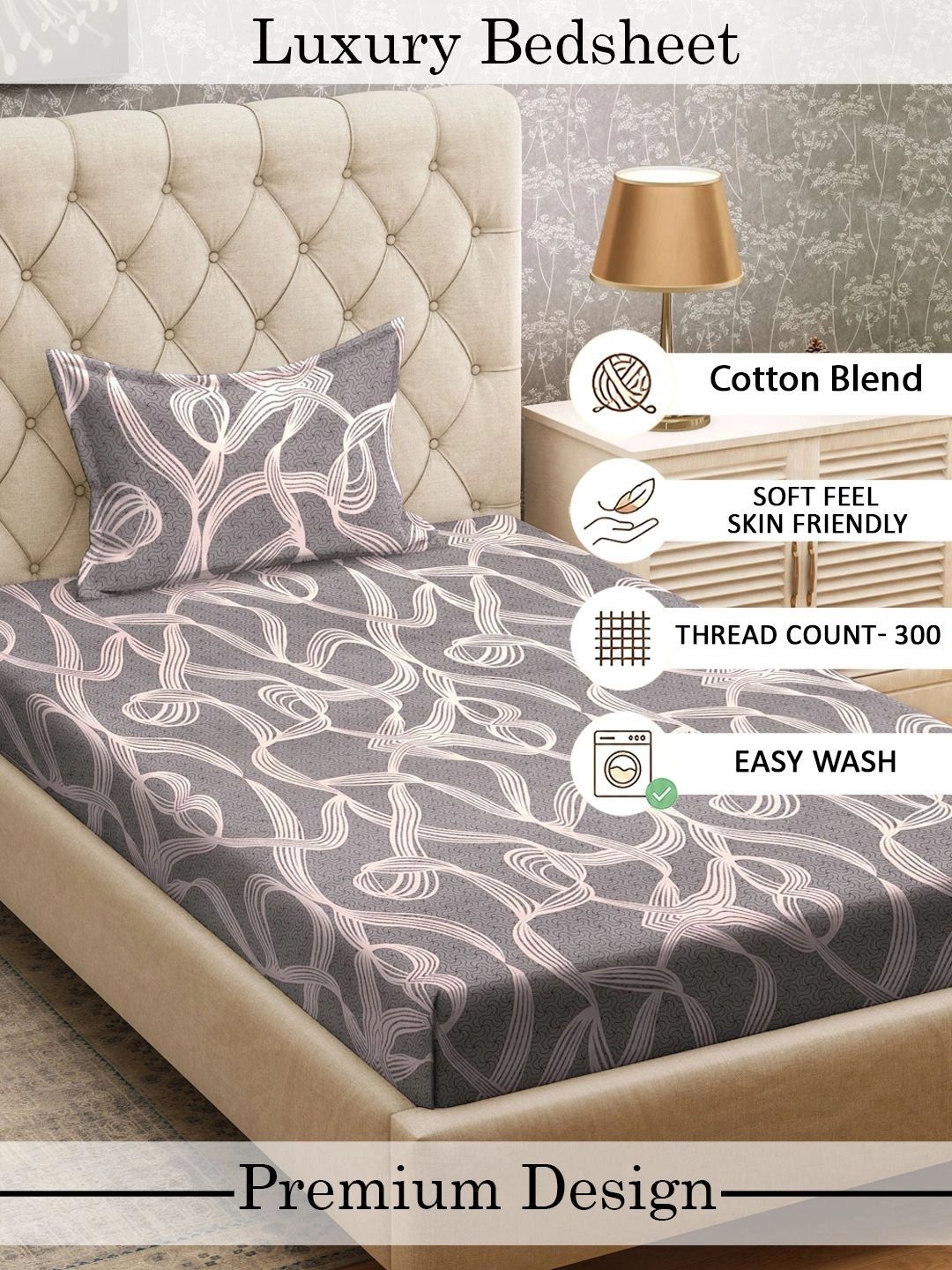Myntra Elegant Homes Grey 300 TC Single Bedsheet with 1 Pillow Covers